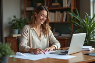Femme souriante organise documents dans un bureau cosy