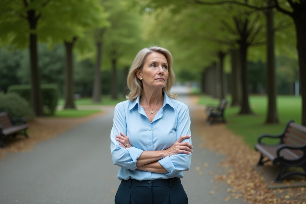 Femme debout dans un parc en automne regardant au loin