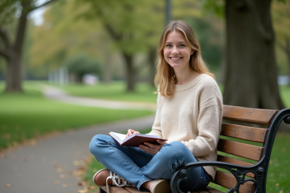Femme assise sur un banc dans un parc vert et paisible