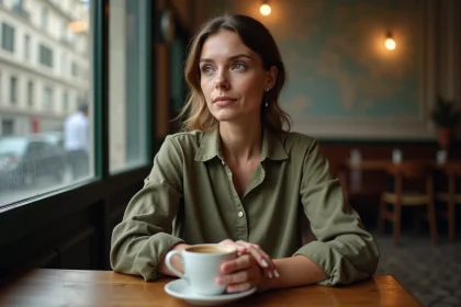 Femme pensive seule dans un café parisien, illustrant la vie privée et l'intimité d'une artiste