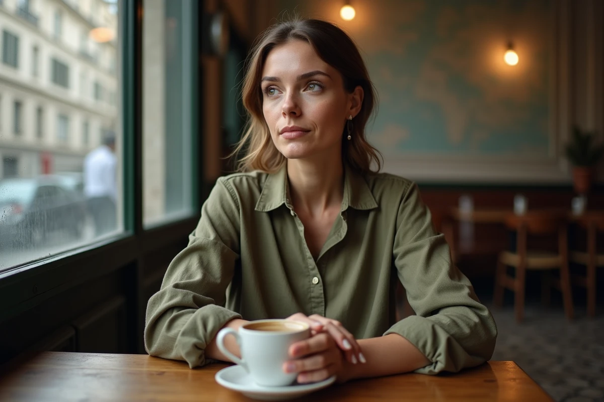 Femme pensive seule dans un café parisien, illustrant la vie privée et l'intimité d'une artiste