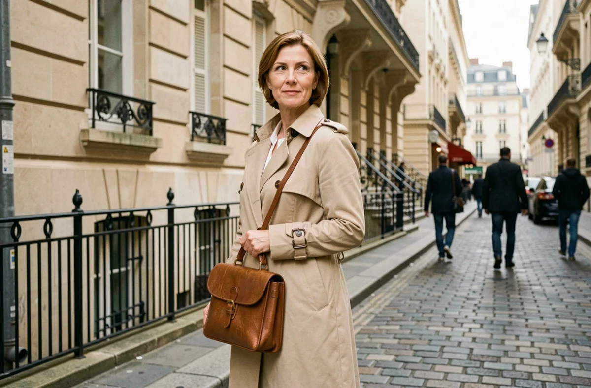 Femme professionnelle devant un immeuble parisien en pierre, évoquant la frontière entre vie publique et vie privée d'une personnalité médiatique