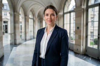 Femme politique européenne en veste marine dans un couloir parlementaire, portrait éditorial professionnel