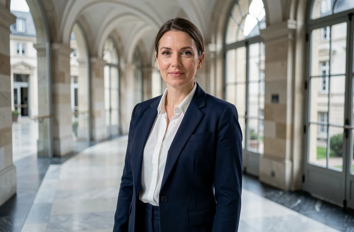 Femme politique européenne en veste marine dans un couloir parlementaire, portrait éditorial professionnel