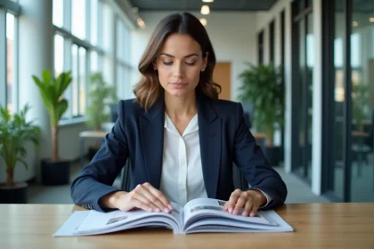 Femme professionnelle parcourant des abonnements magazines spécialisés dans un bureau moderne