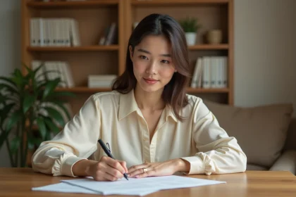 Femme rédigeant un courrier de congé maternité pour allaitement à son bureau à domicile