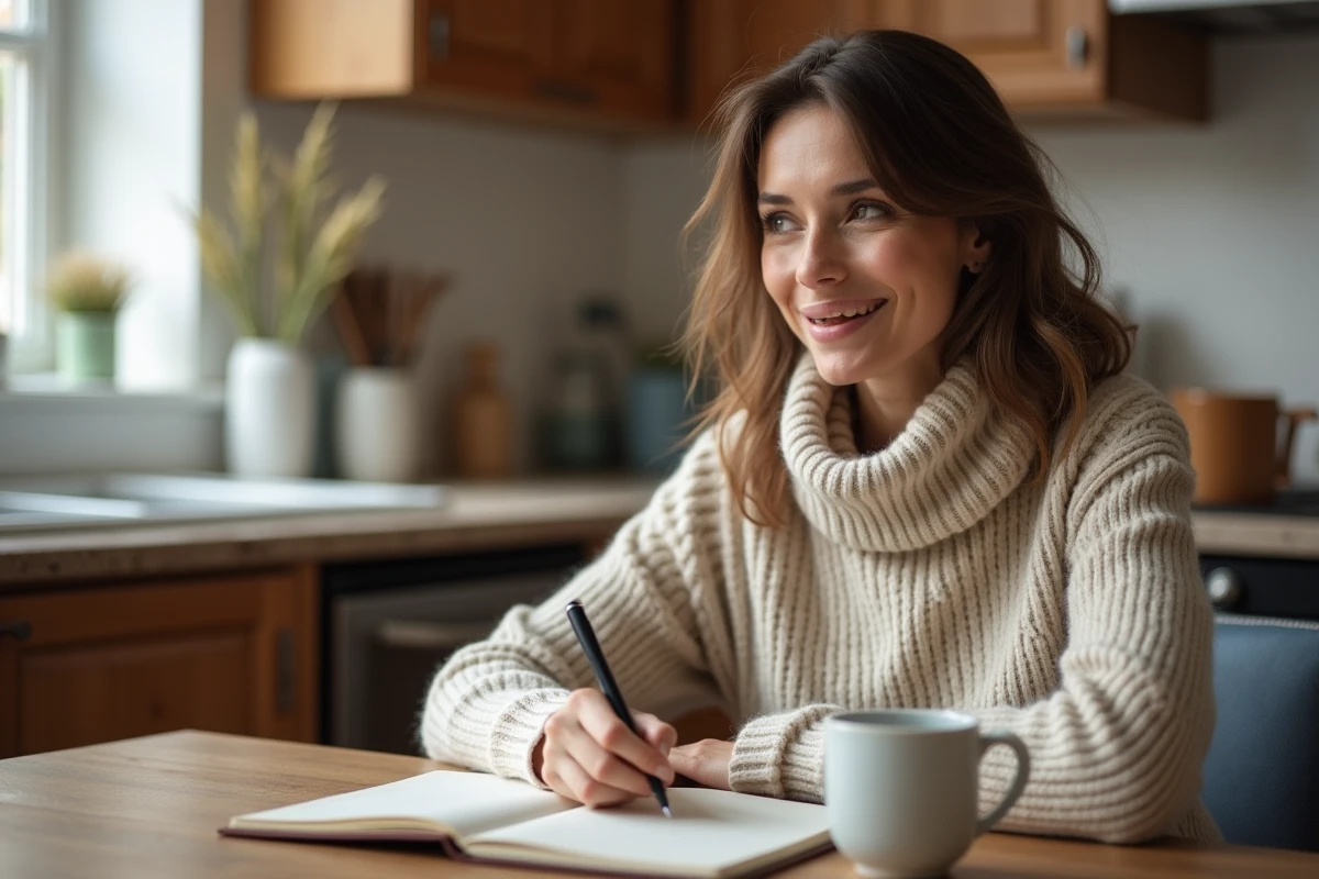 Femme réfléchissant à son journal dans la cuisine chaleureuse