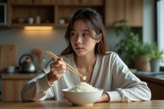 Jeune femme mangeant du riz avec des baguettes dans la cuisine