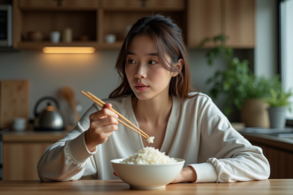 Jeune femme mangeant du riz avec des baguettes dans la cuisine