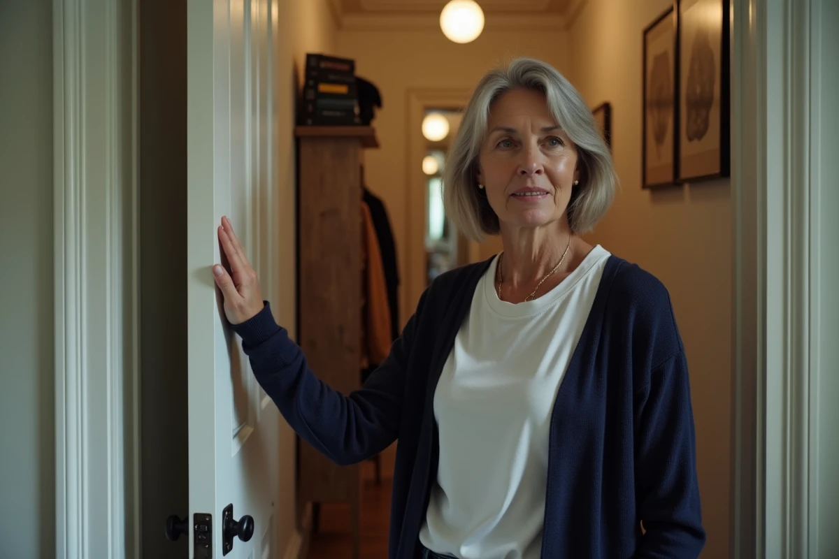 Femme sur le seuil de son appartement symbolisant la frontière entre vie publique et vie privée