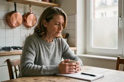 Femme seule dans une cuisine française tenant une tasse de café, évoquant la solitude après un divorce