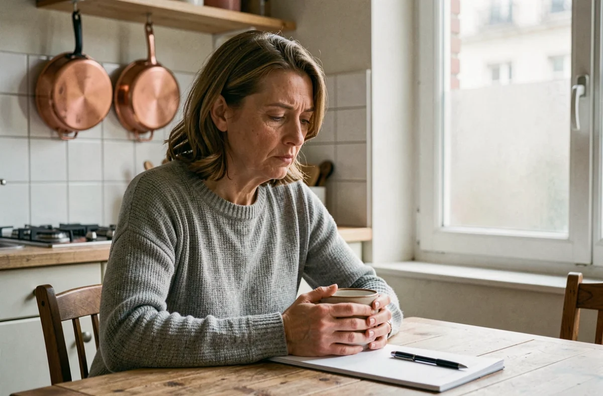 Femme seule dans une cuisine française tenant une tasse de café, évoquant la solitude après un divorce