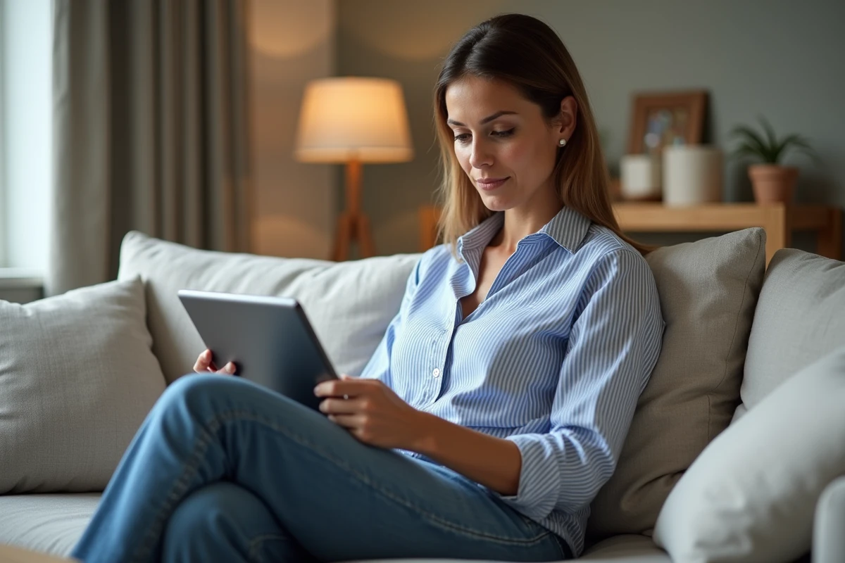 Femme assise dans son salon consultant le suivi de commande Orchestra sur une tablette numérique