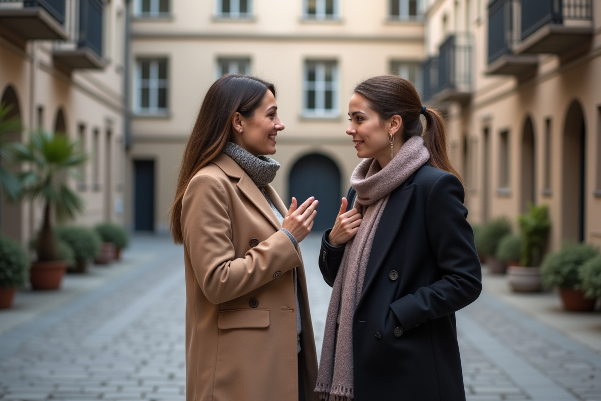 Deux femmes discutant dans une cour urbaine calme et pavée