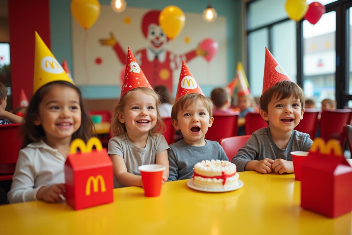 Groupe de tout-petits en fête d'anniversaire dans la salle de fête McDonald's