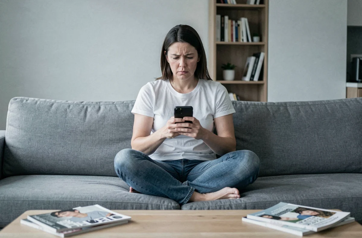 Femme adulte assise sur un canapé regardant son téléphone avec une expression tendue, symbolisant la difficulté à maintenir le contact avec sa mère et les limites relationnelles entre générations