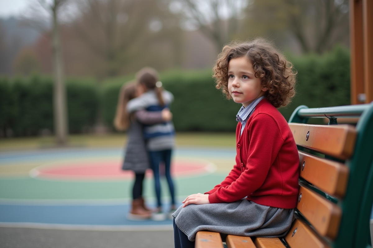 Fille seule sur banc d école avec amis proches