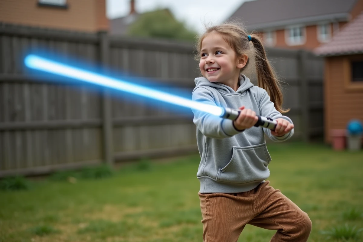 Fille jouant avec sabre laser bleu dans le jardin en plein air