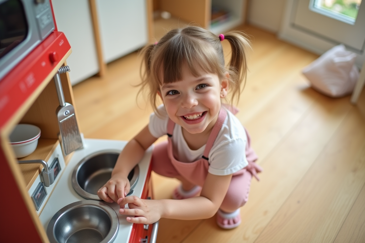 Petite fille joueuse avec cuisine en bois vue de dessus