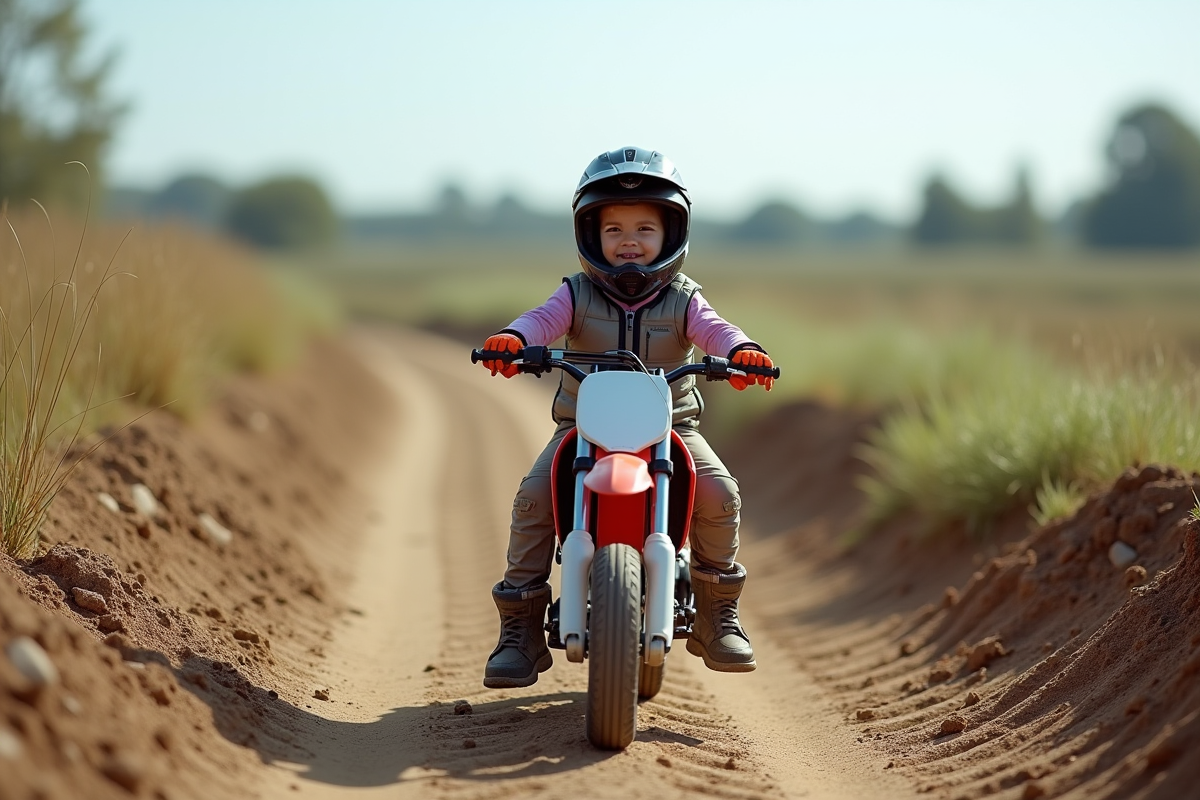 Fille souriante sur une minimoto sur un sentier