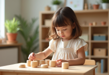 Philosophie Montessori : histoire, principes et applications pour l’éducation Jeune fille arrangeant des blocs Montessori dans une classe lumineuse