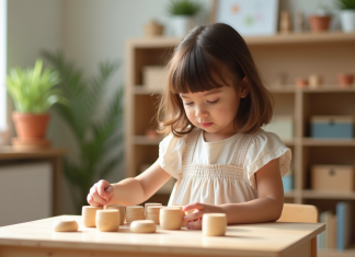 Philosophie Montessori : histoire, principes et applications pour l’éducation Jeune fille arrangeant des blocs Montessori dans une classe lumineuse