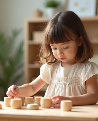 Jeune fille arrangeant des blocs Montessori dans une classe lumineuse
