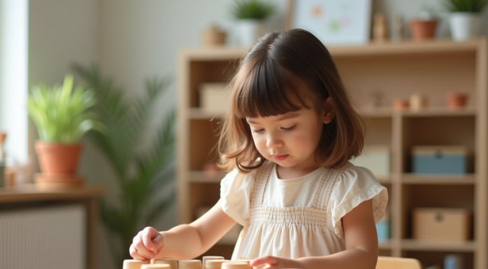 Jeune fille arrangeant des blocs Montessori dans une classe lumineuse