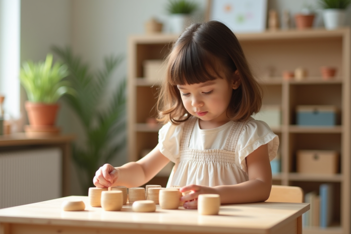 fille-montessori-jeu-bois Jeune fille arrangeant des blocs Montessori dans une classe lumineuse