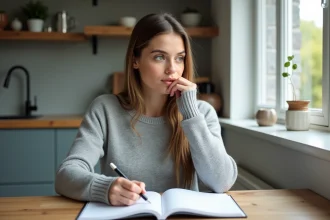 Jeune femme réfléchissant à un prénom de bébé à la maison