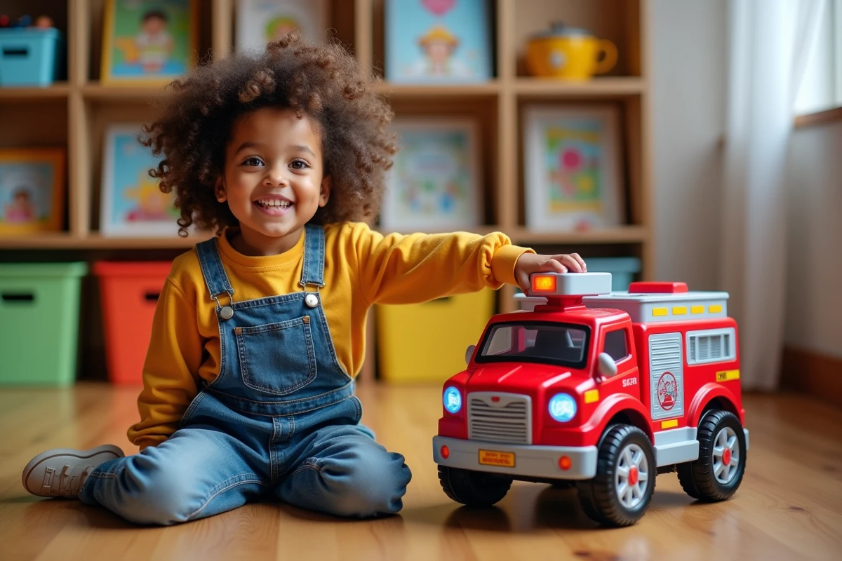 Fille de 6 ans en salopette et sweat jaune avec une voiture de pompier &eacute;lectrique dans une salle de jeux
