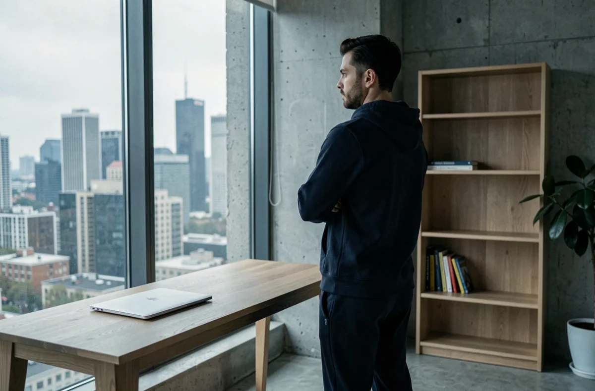 Jeune homme adulte dans la trentaine debout près d'une fenêtre d'appartement, bras croisés, regard tourné vers l'extérieur, symbolisant l'éloignement et la rupture avec un parent