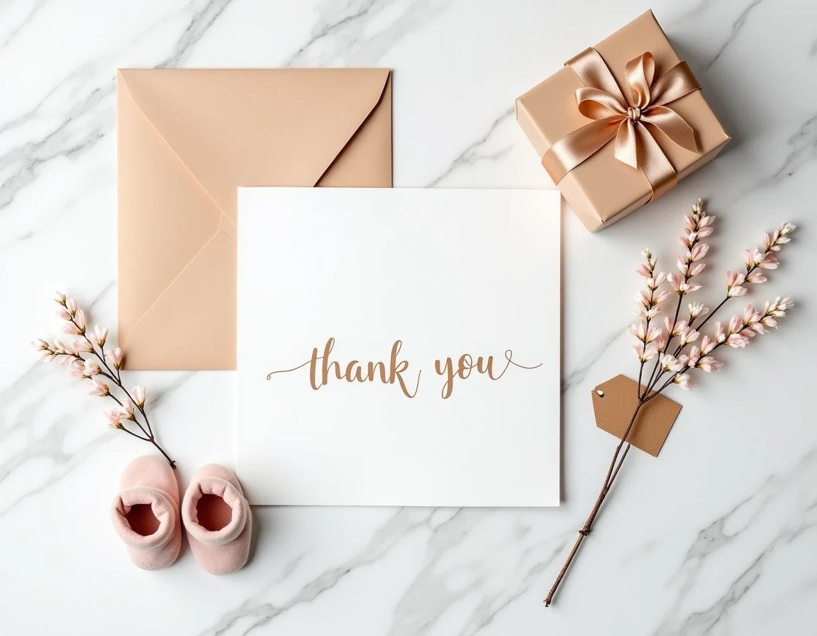 Flat lay élégant d'une carte de remerciement manuscrite pour naissance avec chaussons de bébé, fleurs séchées et ruban satiné sur marbre blanc