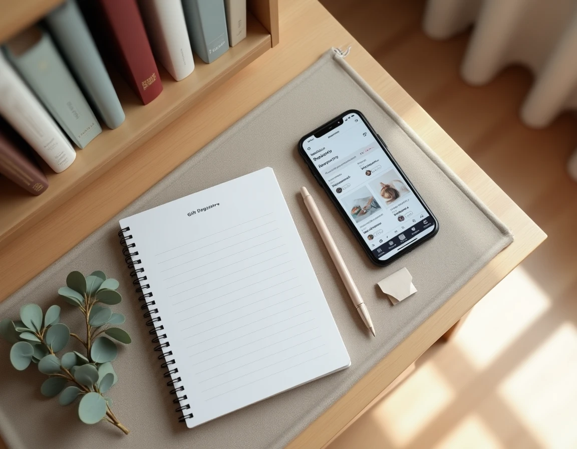 Vue aérienne d'un smartphone affichant une liste de naissance en ligne posé sur un bureau avec un carnet et des notes manuscrites
