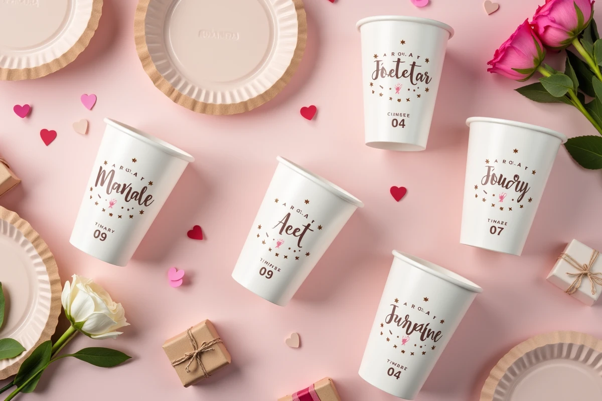 Vue de dessus de gobelets personnalisés anniversaire arrangés sur une nappe rose avec décoration de fête