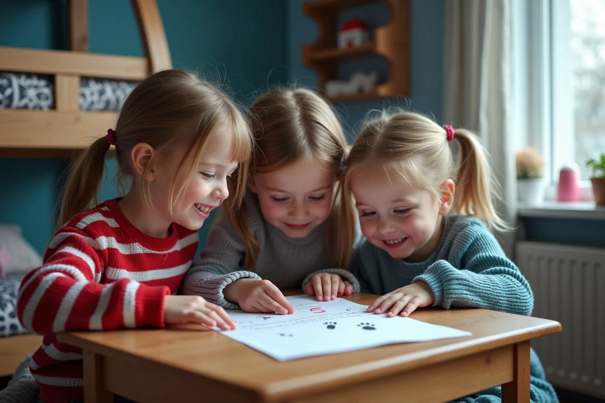 Trois enfants d'une fratrie examinent une lettre de lutin farceur posée sur un bureau dans leur chambre partagée un matin d'hiver