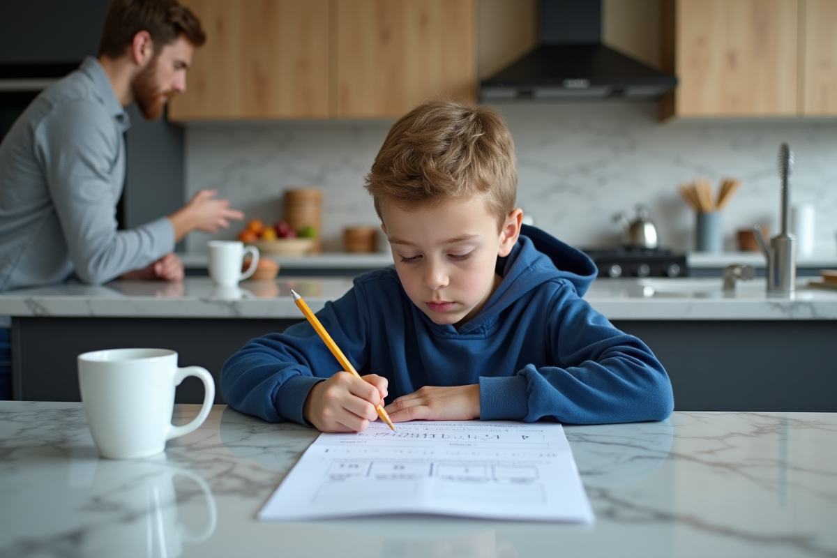 Garçon de 11 ans travaillant un exercice de maths avec un parent
