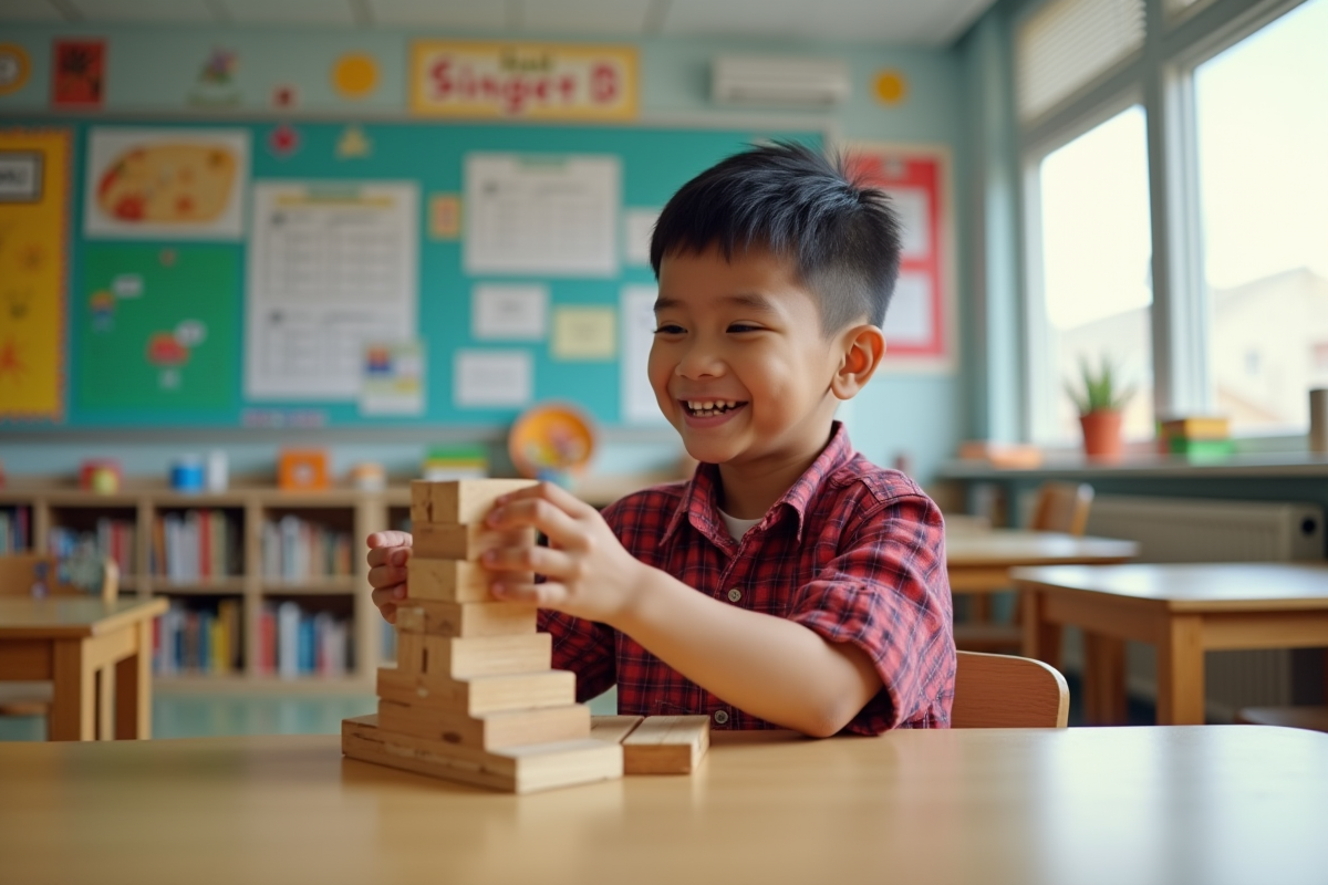 Garçon de neuf ans construit une tour en blocs en classe