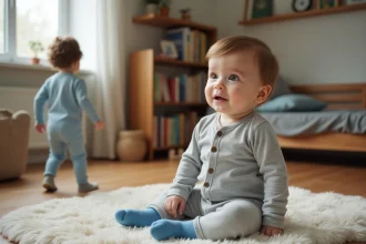 Bébé de 20 mois assis sur un tapis dans un salon moderne