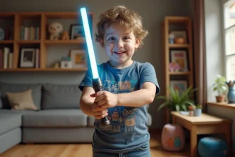 Jeune garçon souriant avec sabre laser dans un salon chaleureux
