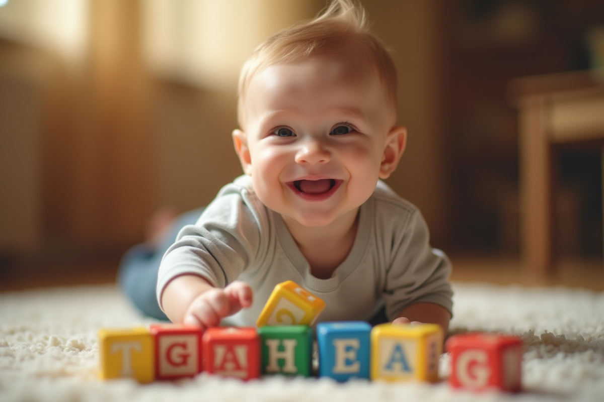 Bébé garçon attrapant un bloc en bois avec la lettre G
