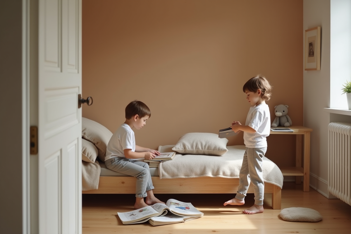 Garçon de 5 ans rangeant ses livres dans une chambre lumineuse