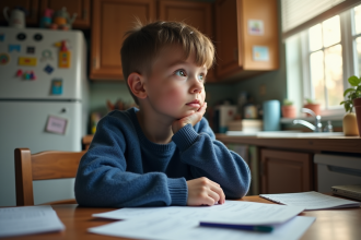 Garçon pensif en classe avec livres et papiers