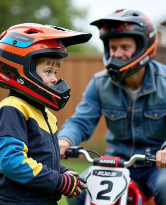 Garçon et père préparant une minimoto en extérieur