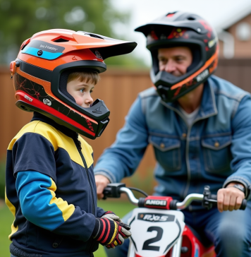 Sécurité en mini-moto pour enfants : les équipements essentiels Garçon et père préparant une minimoto en extérieur