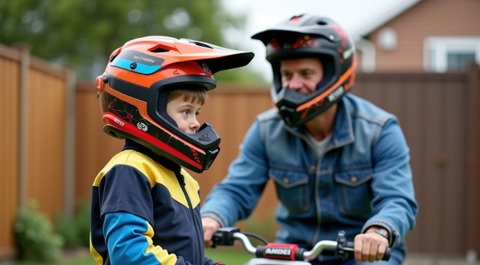 Garçon et père préparant une minimoto en extérieur
