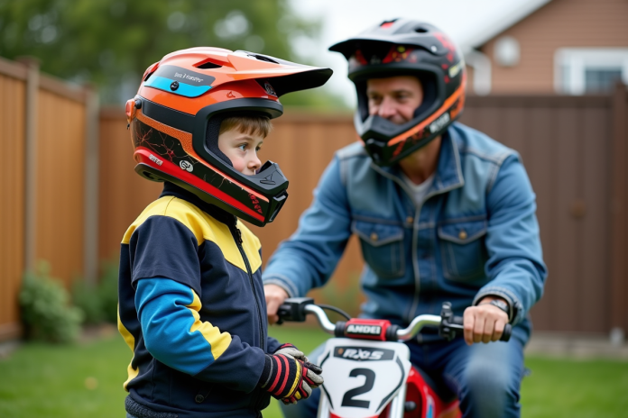 Garçon et père préparant une minimoto en extérieur