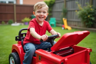 Garçon de 5 ans en jeans et t-shirt rouge dans un jardin jouant avec une voiture de pompier électrique rouge