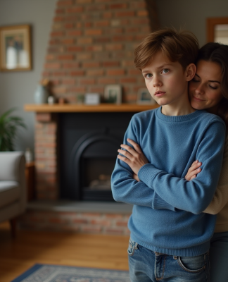 Garçon réservé en salon familial avec adulte