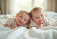 Bébé fille et garçon souriants allongés sur une couverture blanche